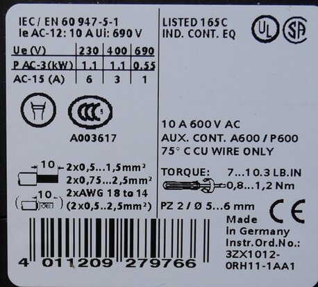 Siemens 3RH1140-1AP00 magneetschakelaar 230V AC 4NO 10A, 3RH11401AP00