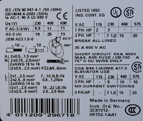 Siemens 3RT1026-1AF00 contactor 3P 110V 40A, 3RT10261AF00