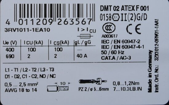 Siemens 3RV1011-1EA10 motorbeveiligingsschakelaar 2.8-4a S00, 3RV10111EA10