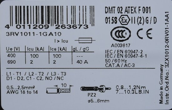 Siemens 3RV1011-1GA10 motorbeveiligingsschakelaar 4.5-6.3A S00, 3RV10111GA10