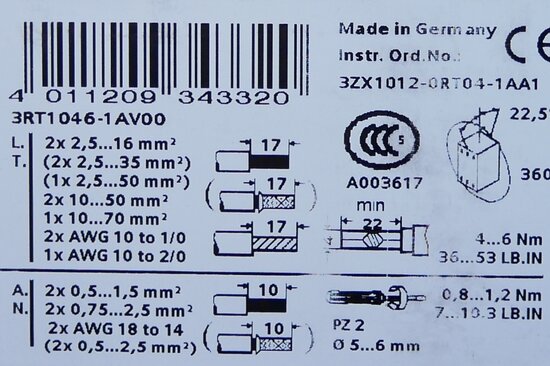 Siemens 3RT1046-1AV00 magneetschakelaar 400V 3P 120A, 3RT10461AV00