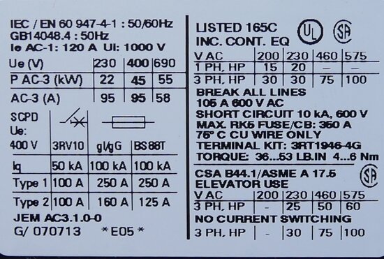 Siemens 3RT1046-1AV00 magneetschakelaar 400V 3P 120A, 3RT10461AV00