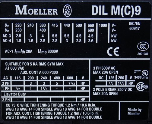 Moeller DILM9-01 contactor 400V AC 3P+1NC, 276727