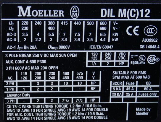 Moeller DILMC12-01 magneetschakelaar 24V AC 3P+1NC, 277553