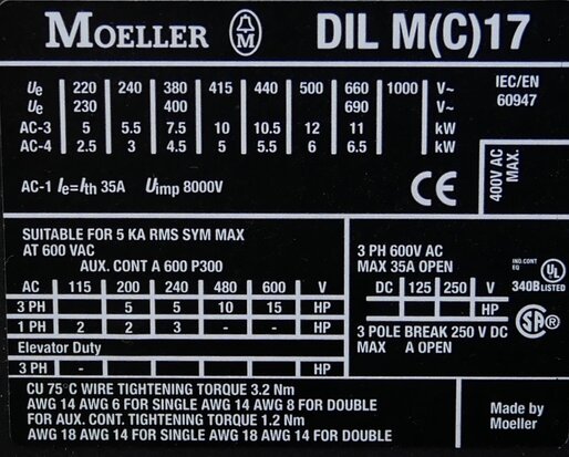 Moeller DILM17-10 contactor 230V AC 3P+1NC 35A, 277036