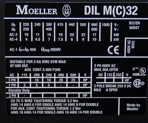 Moeller DILM32-10 contactor 24V AC 3P+1NO 40A, 277247