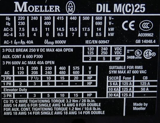 Moeller DILMC25-01 contactor 24V AC 3P+1NC 40A, 277675