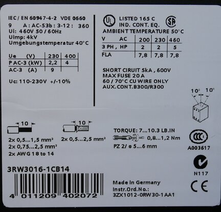Siemens 3RW3016-1CB14 sirius soft starter, size s00, 9 a, 4 kw/400 V, AC 200...460 v, uc 110...230 v