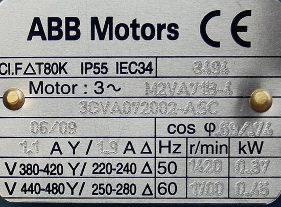 ABB 3GVA072002-ASC Motor 3-Phase 50-60Hz 0.37Kw 230/400V