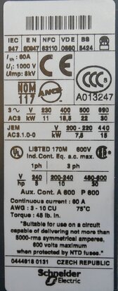 Telemecanique LC1D40F7 TeSys contactor 110V 3P 1NO+1NC 60A