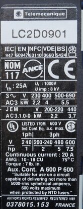 Telemecanique LC2D0901B7 TeSys contactor 24V 3P 25A