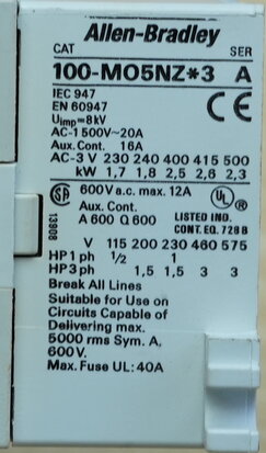 Allen Bradley 100-MO5NZ.3 SER A magnetic switch 3P+1NO 24 VDC 20A (used)