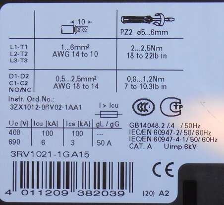 Siemens motor protection switch 4,5-6,3A 3RV1021-1GA15