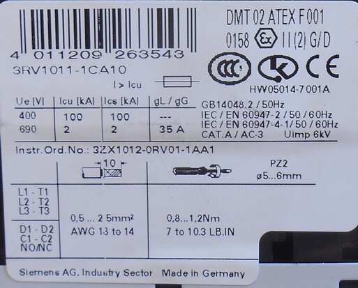 Siemens motor protection switch 3RV1011