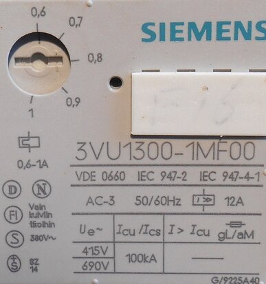 Siemens motorstarter 3VU1300-1MF00 3P 1NO, 1NC. 0.60-1 A