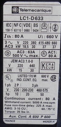 Telemecanique LC1DC633 Contactor 63A 3Pole 100V 50Hz