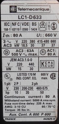 Telemecanique LC1DC633 Contactor 63A 3P 100V 50Hz