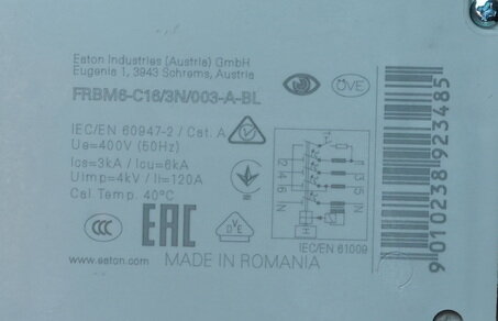 Eaton FRBm6-C16/3N/003-A Aardlekautomaat C-kar.16a 30ma 3P+N 170999