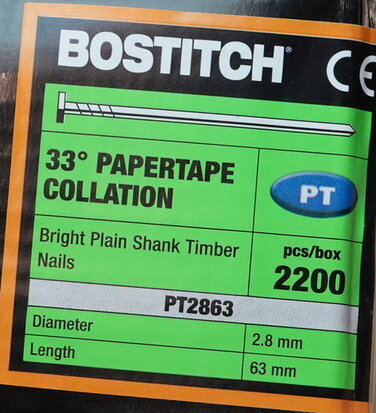 Bostitch PT2863 Stripspijker Papertape 33 gr Glad 2,8 x 63mm (2200 stuks)