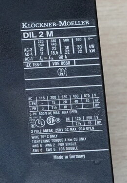 Kl&ouml;ckner-Moeller DIL2M magneetschakelaar 220V 240V 50/60 Hz 3P 90A, DIL 2M