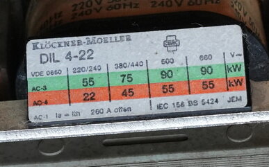 Klockner Moeller DIL 4-22 Magnetschalter 3-polig 2&Ouml;+2SCH 220V 240V 50/60 Hz 260A
