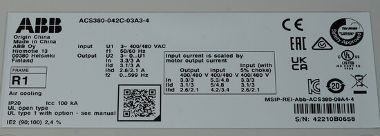 ABB 3AXD50000031863 frequentieomvormer ACS380-042C-03A3-4, 0.75 kW, 400-480 VAC
