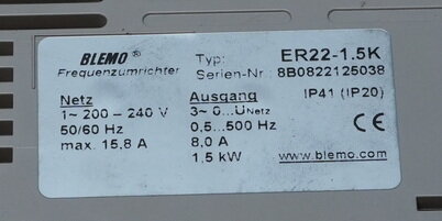 Blemo ER22-1.5K frequentieomvormer 1,5kW 2HP 200/240V~