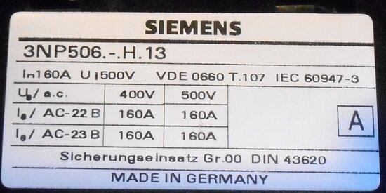 Siemens knife fuse disconnectors 3NP506 - H13 50 / 60Hz 400-500V a.c.
