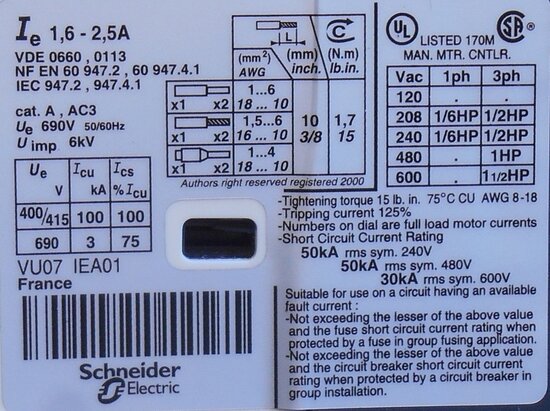 Telemecanique Motor protection switch GV2-RT07 3p 1,6-2,5A