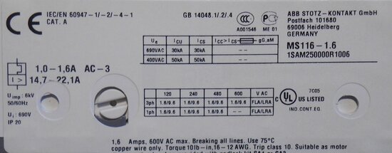 ABB Motorbeveiligingsschakelaar MS116-1.6 1-1,6A