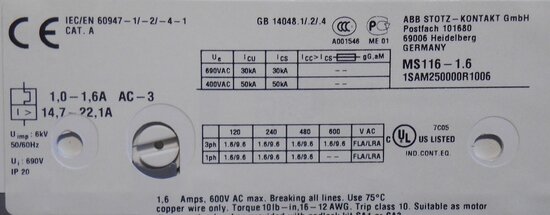 ABB Motor protection switch MS116-1.6 1-1,6A