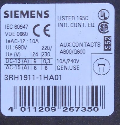 Siemens hulpcontact 3RH1911-1HA01 1NC 1 verbreek
