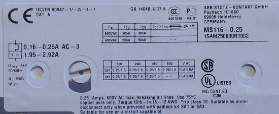 ABB Motor protection switch MS116 0:25 230-690V 3P 0,16-0,25A