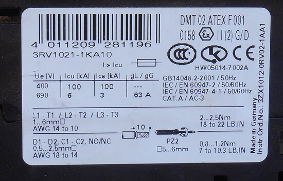 Siemens motor protection switch 3RV1021-1KA10 9-12,5A incl. Auxiliary contact