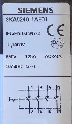 Siemens Indus. Sector lastscheiders 3KA5240-1AE01 IE 125A UE 690V 4p