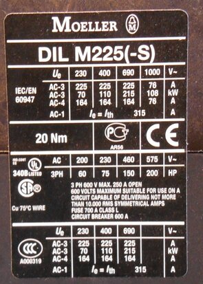 Moeller magneetschakelaar DILM225/22 RA250 110kW 400V AC 3P