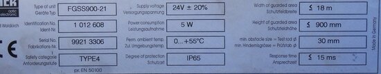 Sick FGSS900-21 Light Curtain Sensor 1012608 900mm 24V +/-20%