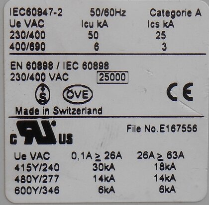 ABB S503 B63 50kA 3P Circuit breaker 230 / 400V