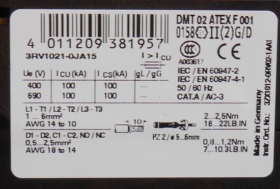 Siemens motor protection switch 0,7-1,0A 3P 1NO + 1NC 3RV1021-0JA15