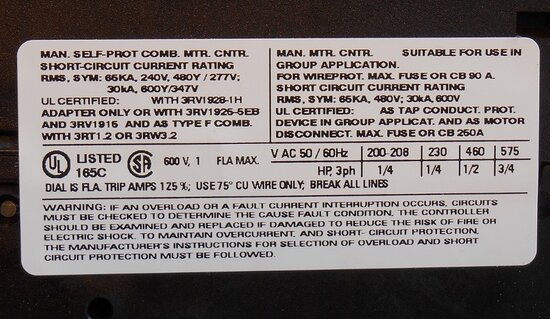 Siemens motor protection switch 0,7-1,0A 3P 1NO + 1NC 3RV1021-0JA15