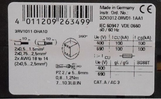 Siemens motor protection switch 3P 0,55-0.8A 1N + 1NC 3RV1011-0HA10