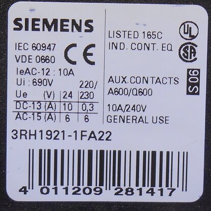 Siemens magneetschakelaar 18.5kW/400V AC 230V 2NO+2 NC 3P 3RT1035-1AP04