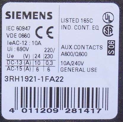 Siemens 3RT1024-1BB44 contactor 24V DC 4P 2NO + 2NC