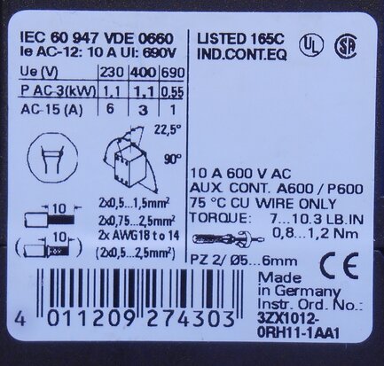 Siemens 3RH1122-1BB40 contactor 24V DC 2NO + 2NC 10A