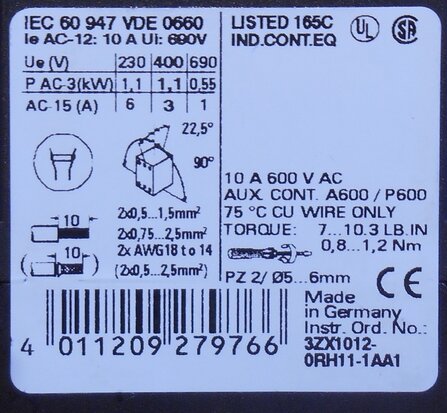 Siemens 3RH1140-1AP00 magneetschakelaar 230V AC 4NO 10A (used)