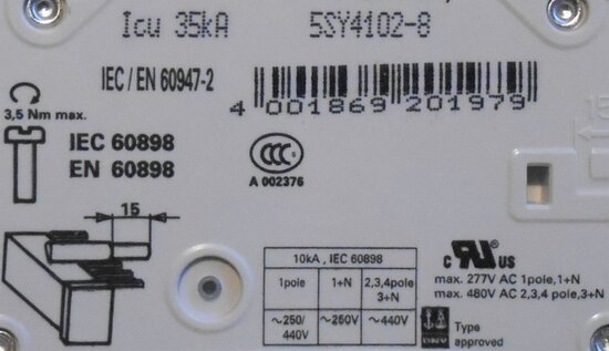 Siemens Circuit breaker 5SY4 102-8 1P cart D 2A automatic 5SY41028