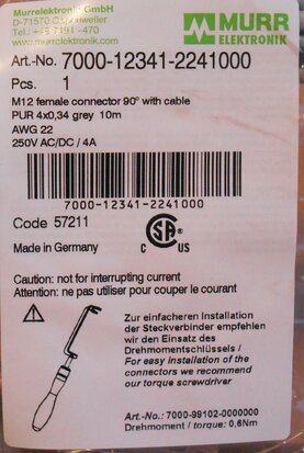 Murr 7000-12341-2241000 M12 female connector 90 degree cable 10m