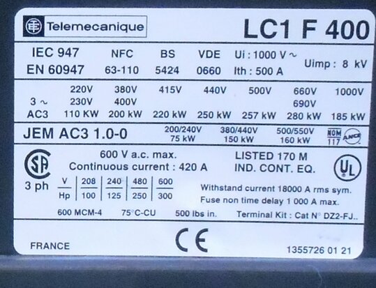 Telemecanique LC1F400 3P 400A magneetschakelaar