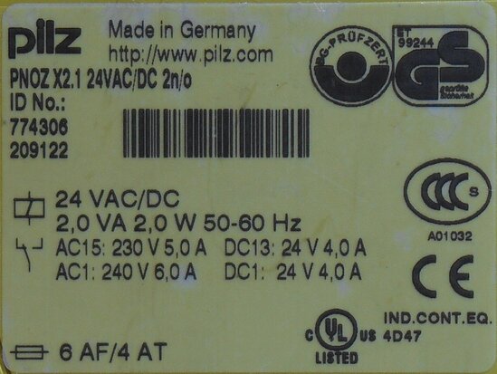 Pilz PNOZ X2.1 relay 774306 24V AC/DC 2n/o