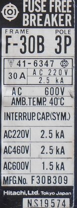 Hitachi F-30B 3P Circuit Breaker 30A 600V 